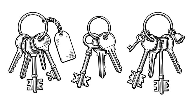 Collection of hand-drawn vintage keys on rings, depicting secure access and old-fashioned mechanisms