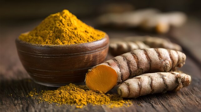 Fresh Turmeric Roots and Powder on Wooden Surface.