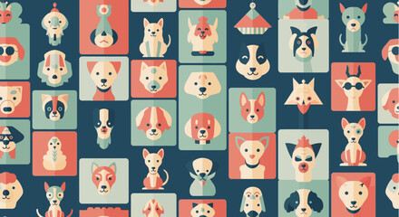 Obraz premium A charming and diverse collection of stylized dog portraits, rendered in a modern flat design, featuring a variety of breeds arranged in a vibrant grid pattern, perfect for pet-themed designs