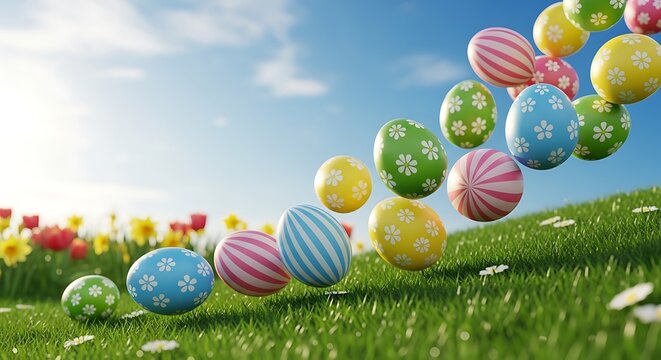 Dynamic image of Easter eggs rolling down a grassy hill with motion blur