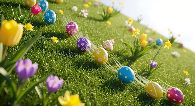 Dynamic image of Easter eggs rolling down a grassy hill with motion blur