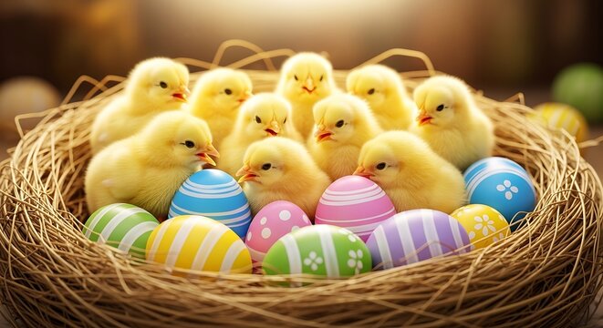 Fluffy yellow baby chicks gathered around painted Easter eggs in a cozy straw nest