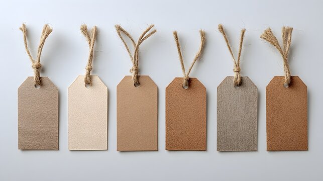 Collection of Five Blank Kraft Paper Tags with Twine Hangers.