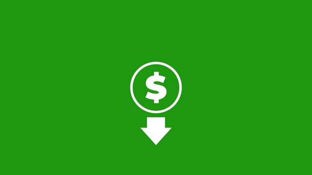 Green screen animation of a dollar sign within a circle and a downward arrow indicating financial loss or decrease in profit