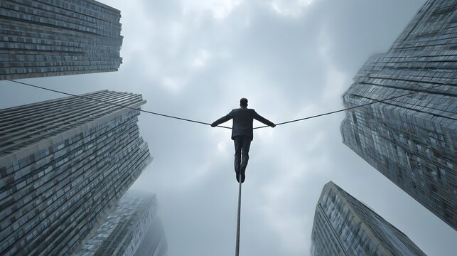 Man walks on tightrope between skyscrapers, symbolizing risk and ambition.