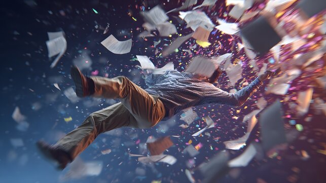 Man Falling Through Exploding Paper and Abstract Particles.