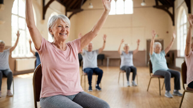 Group of active seniors participating in a chair exercise class in a community center, focusing on health and fitness in old age