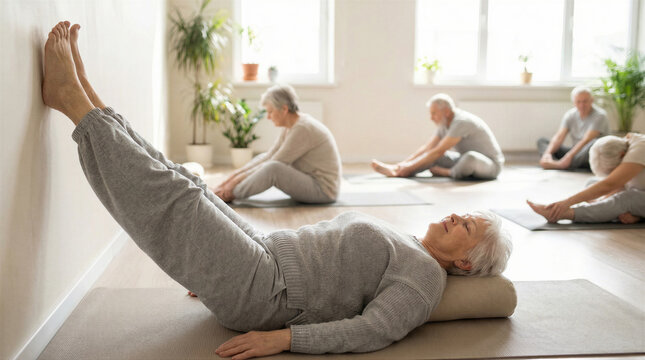 Group of seniors practicing yoga in a bright studio, focusing on flexibility and wellness in a calm, supportive environment