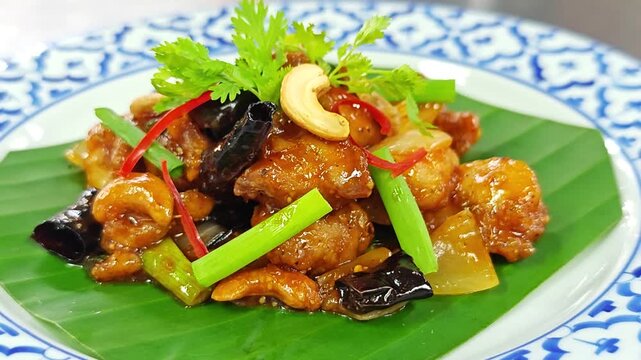 Thai stir-fried chicken with cashew nuts (Gai Pad Med Mamuang) on banana leaf, isolated on white background.