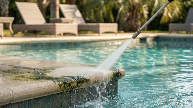 Pressure washing the dirty stone edge of a swimming pool with a highpressure water jet, removing algae and grime for maintenance