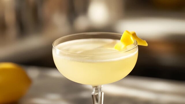 A sophisticated, creamy yellow cocktail garnished with a delicate lemon twist, served in an elegant coupe glass on a blurred bar counter