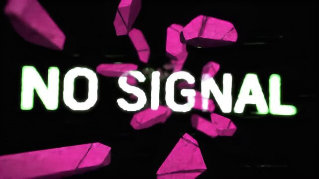 A broken screen displays No Signal with shattered pink glass on black
