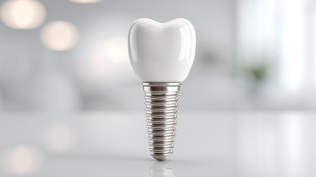 Dental implant with a realistic tooth crown and metallic screw post on a clean white background