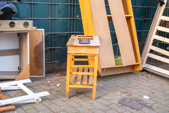 bulky waste collection point, pile discarded furniture, Old items second life, renovation or decluttering process, used things on street, shredding garbage, diverted for recycling, pollution nature