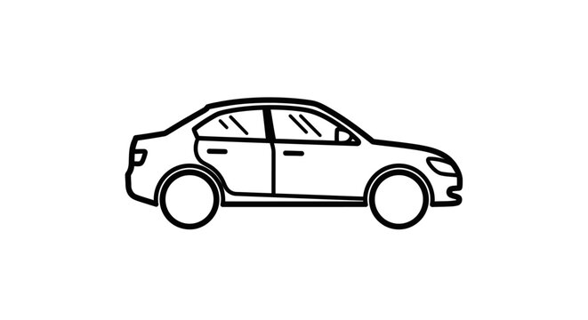 Simple black and white line art illustration of a generic sedan car from a side view. Minimalist automobile vehicle icon.