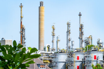 Fototapeta premium Industrial Chemiekonzern, chemical plant, manufacturing and innovation, European industrial facility, Energy and Production, various tanks silo, Environmental Integration
