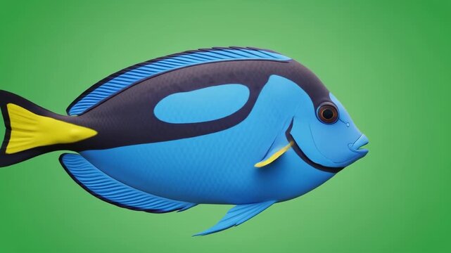 Blue Tang Fish Swimming Gracefully Against a Vibrant Green Background.