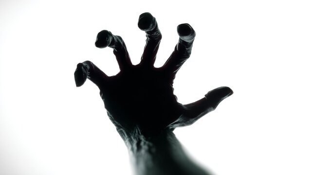 Eerie silhouette hand reaching from dark abyss to grab.