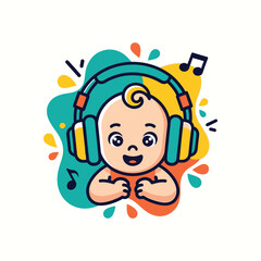 Naklejka premium Cute baby wearing headphones listening to music with colorful splashes and musical notes around.