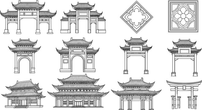 Collection of traditional Chinese and Japanese pagoda gate vector line art illustrations for oriental architectural design and cultural