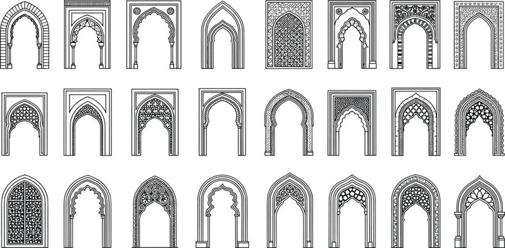 Collection of Islamic arch vector line art illustrations with Moroccan doorway patterns for architectural design and creative graphic projects