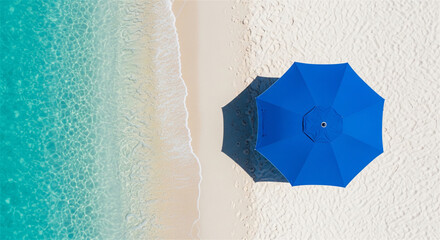 Minimalist aerial beach view with blue umbrella, turquoise ocean water on white sand, tropical summer vacation background with copy space © Hammad