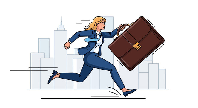 Dynamic Businesswoman Running With Briefcase In City Business District