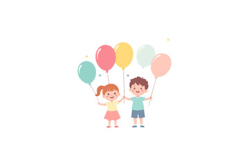 Fototapeta premium Children Holding Balloons, Happy Children’s Day Illustration