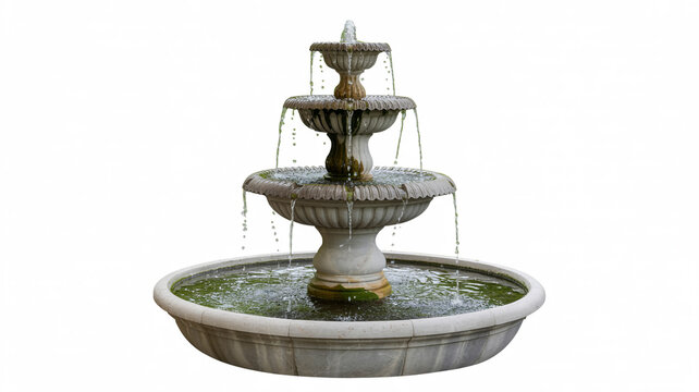 An antique brass samovar repurposed as a vintage fountain decoration sits nestled within the stone architecture of a peaceful garden park