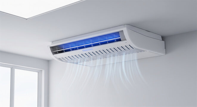 Modern air curtain system with blue UV light, industrial air conditioner unit on white wall, commercial ventilation and climate control equipment