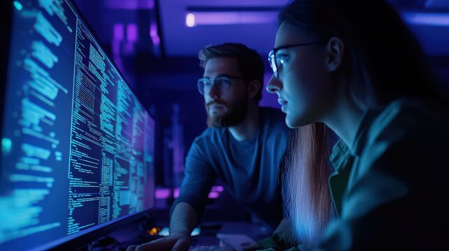 Two programmers intensely focused on coding together in a dimly lit room with multiple screens displaying lines of code.