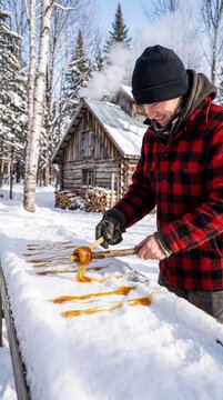 Man in a red plaid jacket rolling maple taffy on fresh snow outside a traditional wooden sugar shack in a winter forest.