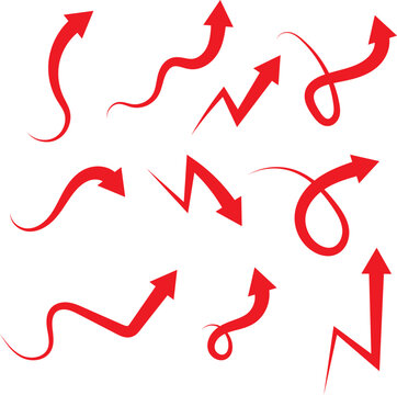 Collection of red arrows with various curved and twisted shapes