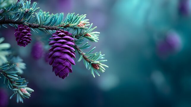 Close-up of Purple Pine Cones on a Fir Tree Branch.