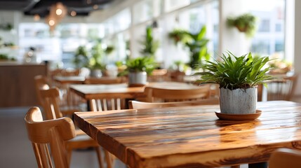 Obraz premium Cozy Cafe Interior with Wooden Tables and Potted Plants.