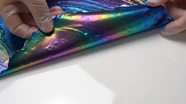 Satisfying iridescent metallic slime being stretched and kneaded by gloved hands