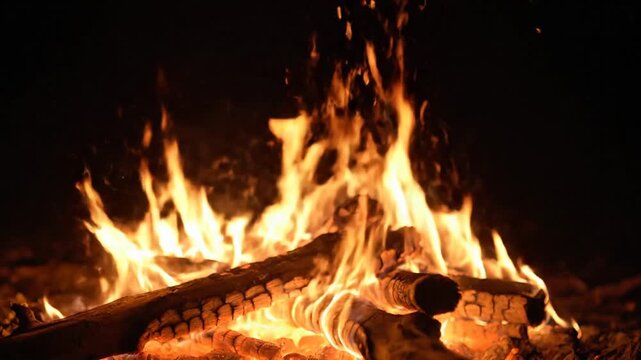 Burning wood in the dark night.
