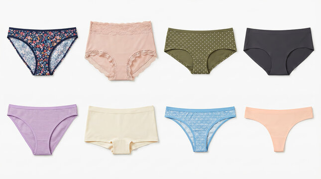 Assorted women's underwear collection, set of 8 colorful panties in various styles and patterns, comfortable cotton and lace lingerie flat lay