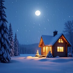Naklejka premium A cozy cabin glows warmly on a snowy winter night under a full moon with a gentle snowfall so beautiful 