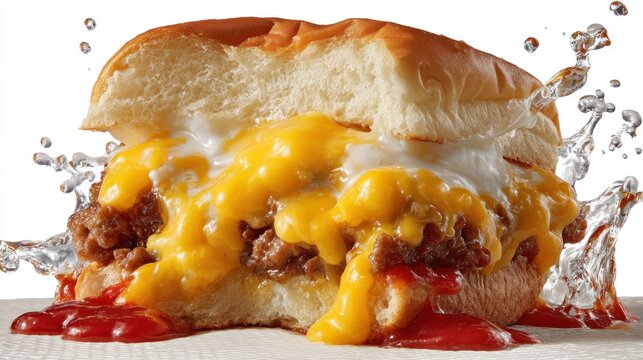 Delicious sloppy joe sandwich with melted cheese and ketchup splashing