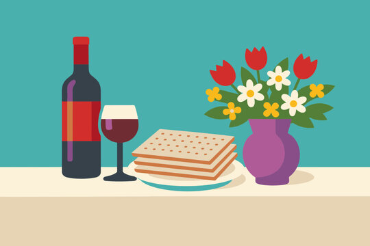 Passover Table with Wine, Matzot, and Flowers
