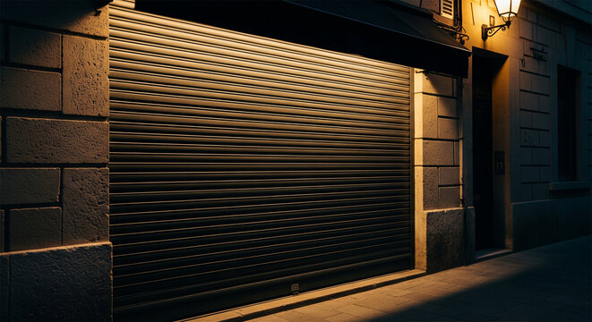Closed metal roller shutter on storefront at night, industrial security gate on urban building street, dark shop front with warm outdoor lighting