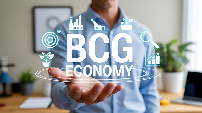 A man presenting a holographic display of business charts graphs and the letters bcg economy