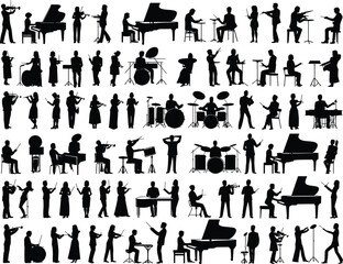Flat vector silhouettes of musicians playing instruments, performing, entertaining, creating musicFlat vector silhouettes of musicians playing instruments, performing, entertaining, creating music © MstBegum