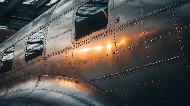 Close up of riveted metal fuselage of an old airplane.