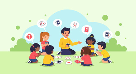 Fototapeta premium Engaging Children In A Card Game Activity Outdoors On A Sunny Day