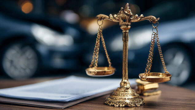 Golden scale of justice with intricate design and textured surface placed on a wooden table next to legal documents and blurred background