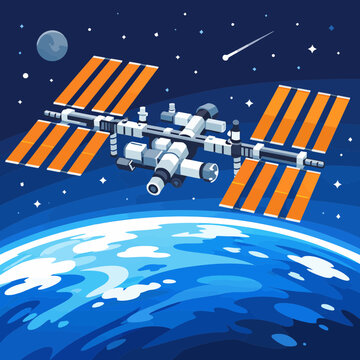 Modern flat design of the International Space Station ISS orbiting the blue planet earth