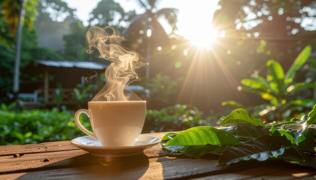 Steaming coffee cup bathed in warm morning sun, offering a tranquil start to the day amidst lush green foliage