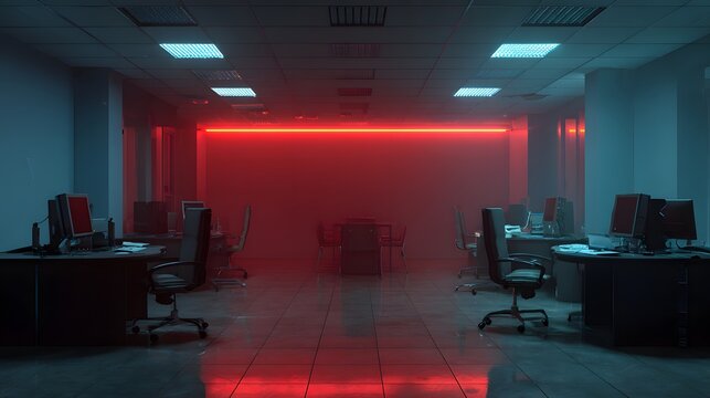 Eerie Office Interior with Red Neon Lighting and Fog.